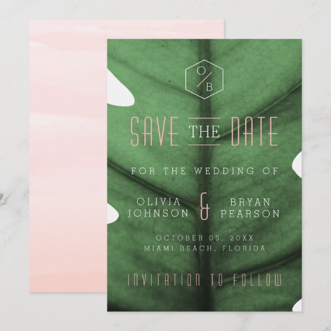 Invitation Sauvons la date d'inspiration Art déco feuille tro (Devant / Derrière)