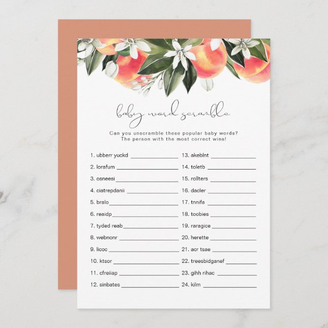 Invitation SAVANNAH Peach Baby Word Scramble Baby shower Jeu (Devant / Derrière)