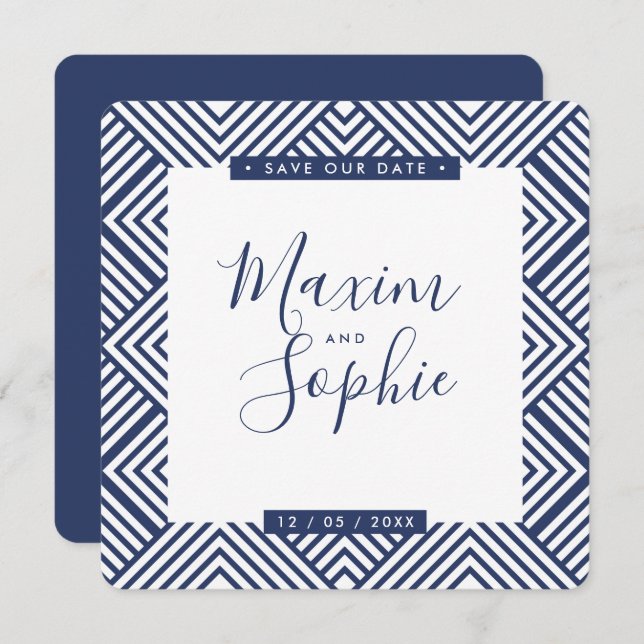 Invitation SAVE NOTRE DATE simple geo moderne mariage marine  (Devant / Derrière)