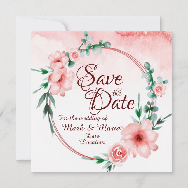 Invitation Save the date à fleurs roses (Devant)