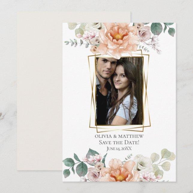 Invitation Save the date | Aquarelle florale de corail (Devant / Derrière)