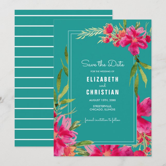 Invitation Save the date. Aquarelle florale Fuchsia Turquoise (Devant / Derrière)
