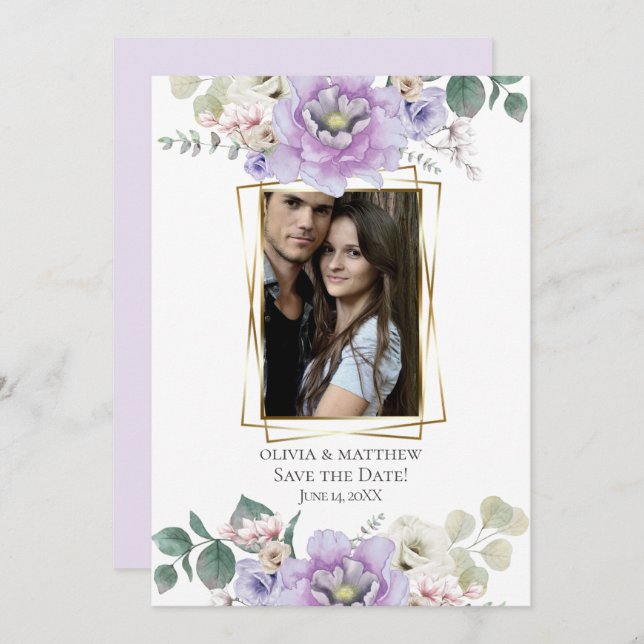 Invitation Save the date | Aquarelle Lavender Peony Floral (Devant / Derrière)