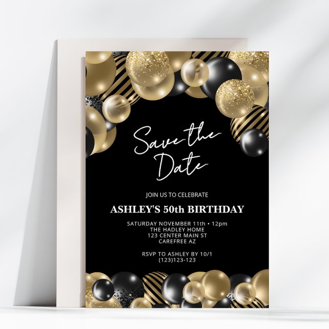 Invitation Save the Date Black Gold 50th Birthday (Créateur téléchargé)