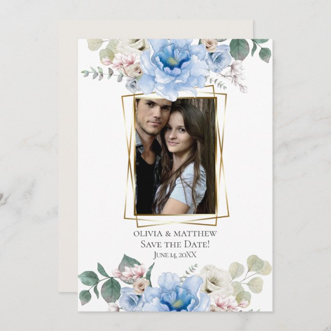 Invitation Save the date | Blue Watercolor Peony Flowers (Devant / Derrière)