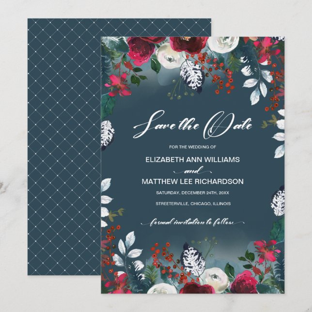 Invitation Save the date. Dusty Blue | Mariage Bourgogne (Devant / Derrière)