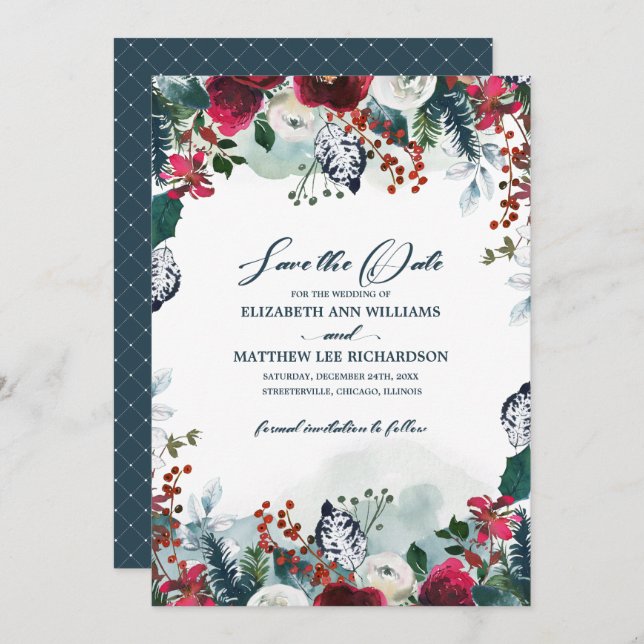 Invitation Save the date. Dusty Blue | Mariage Bourgogne (Devant / Derrière)