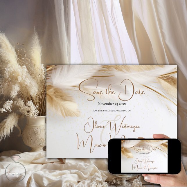 Invitation Save the date | Elégante Pampas Bohème Or (Elegant Boho Pampas Grass  Save the date - available as printed cards  or digital or both )