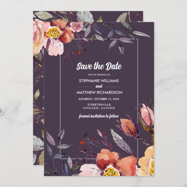 Invitation Save the date. Fleurs d'automne Mariage de prune (Devant / Derrière)
