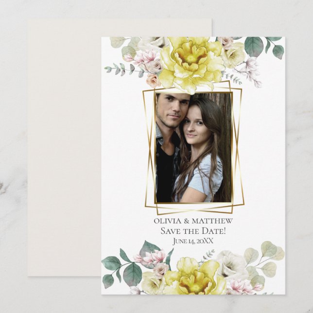 Invitation Save the date | Fleurs de pivoine jaune soleil (Devant / Derrière)