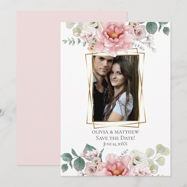 Invitation Save the date | Fleurs de pivoine rose bébé (Devant / Derrière)