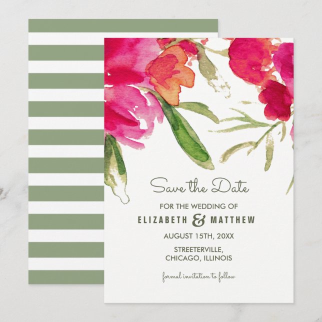 Invitation Save the date. Floral vert Fuchsia (Devant / Derrière)