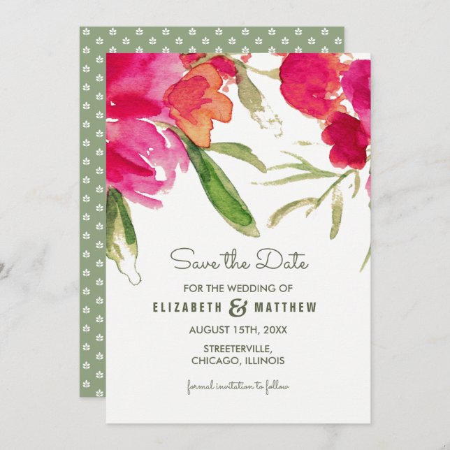 Invitation Save the date. Fuchsia Green Floral Mariage (Devant / Derrière)
