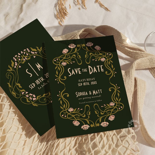 Invitation Save The Date Green Art Nouveau Wedding (art nouveau wedding, green save the date, art nouveau invitation, vintage wedding invite, elegant sa)