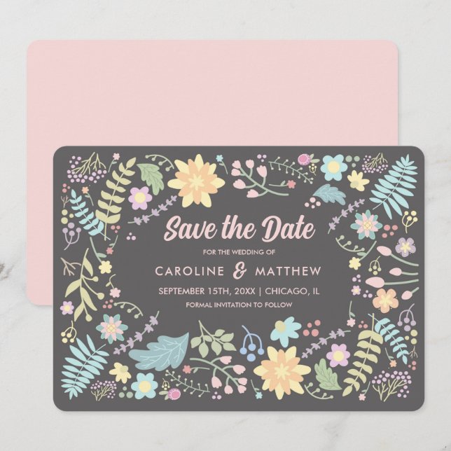 Invitation Save the date. Gris Blush rose moderne Floral (Devant / Derrière)