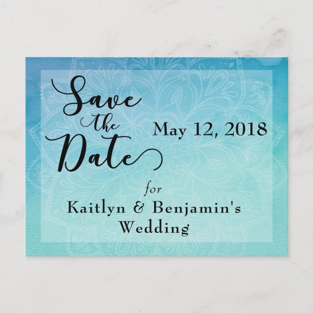 Invitation Save the Date Mandala Aquarelle Bleue & (Devant)