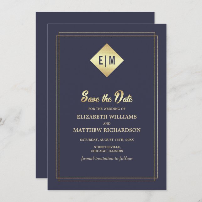 Invitation Save the date. Mariage d'or bleu marine (Devant / Derrière)