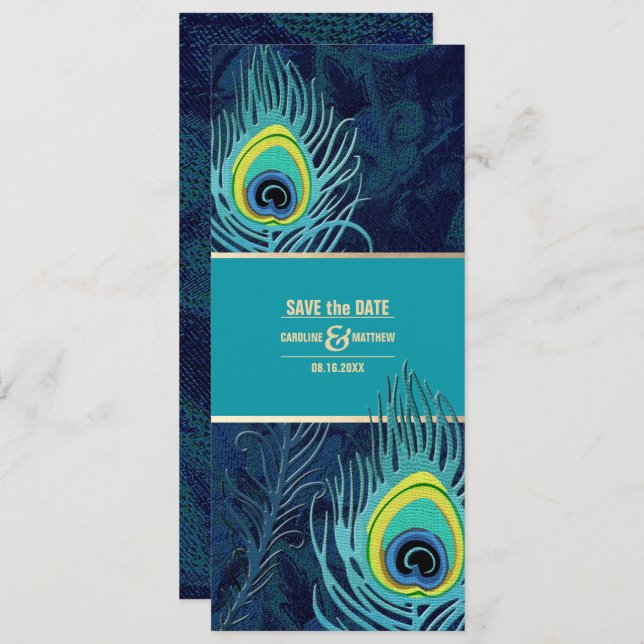 Invitation Save the date. Mariage d'or bleu marine Peacock (Devant / Derrière)