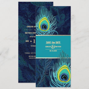 Invitation Save the date. Mariage d'or bleu marine Peacock