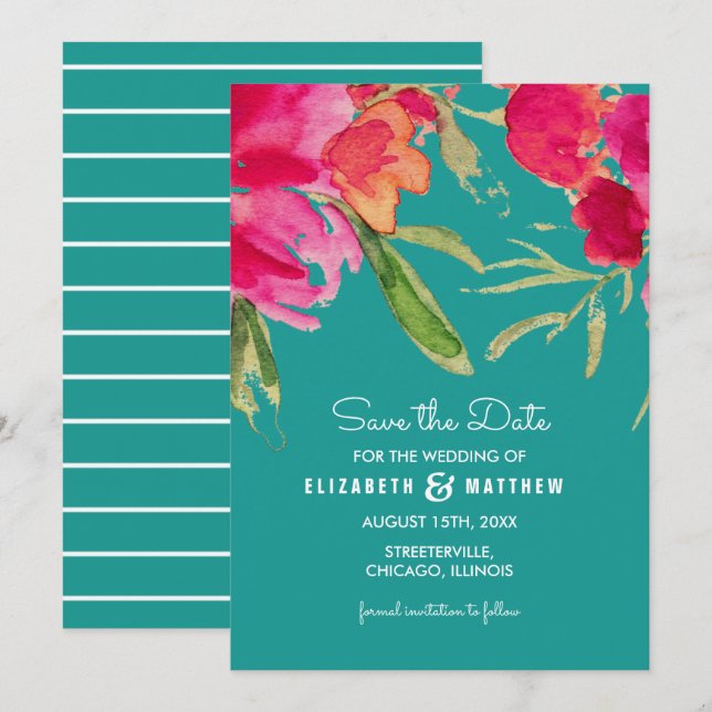 Invitation Save the date. Mariage floral Turquoise Fuchsia (Devant / Derrière)