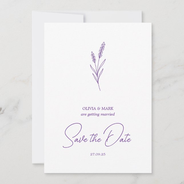 Invitation save the date minimalist elegant writing lavender (Devant)