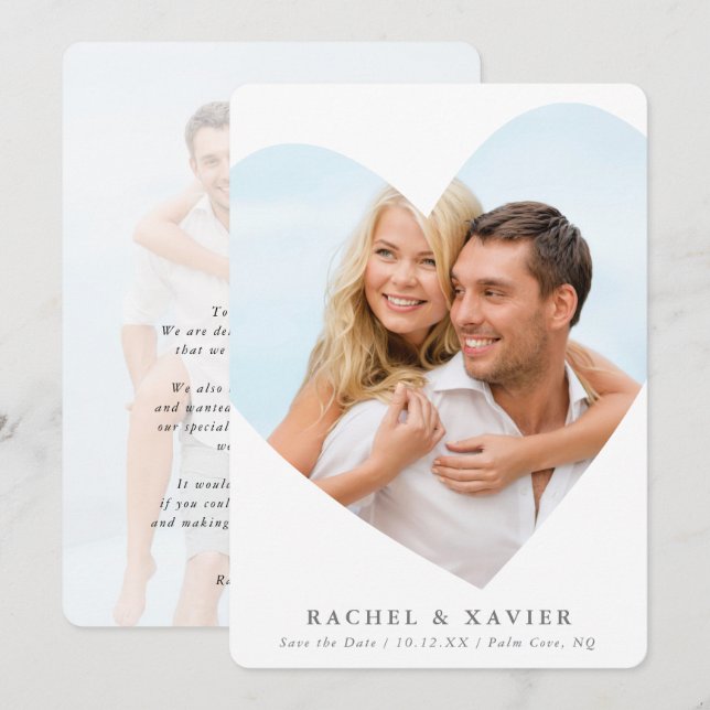 Invitation SAVE THE DATE moderne photo cadre coeur blanc gris (Devant / Derrière)