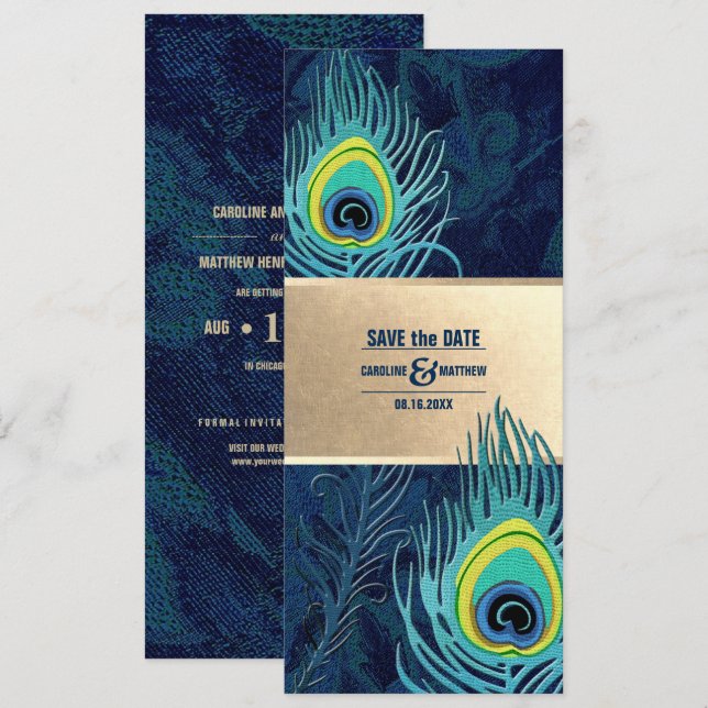 Invitation Save the date. Peacock Feather Marine Blue Gold (Devant / Derrière)
