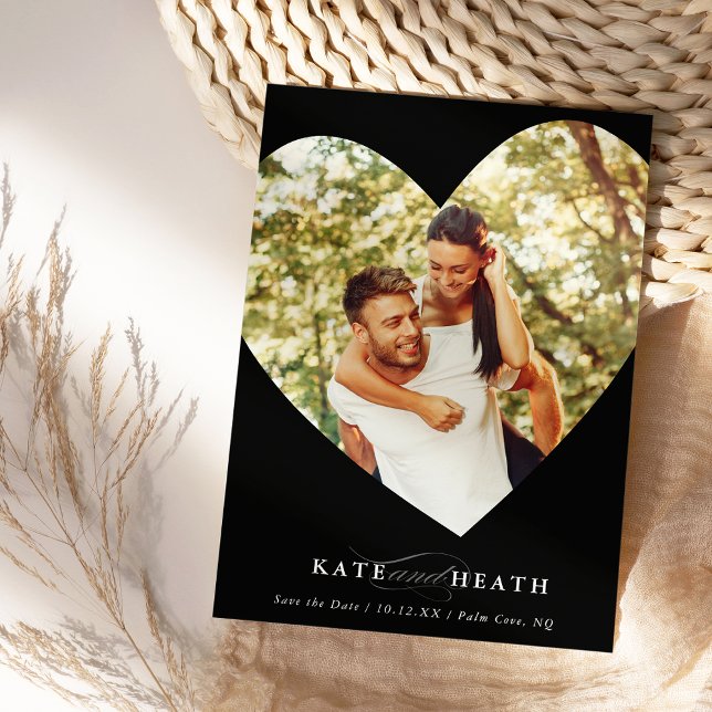 Invitation SAVE THE DATE photo moderne coeur élégant noir (Créateur téléchargé)