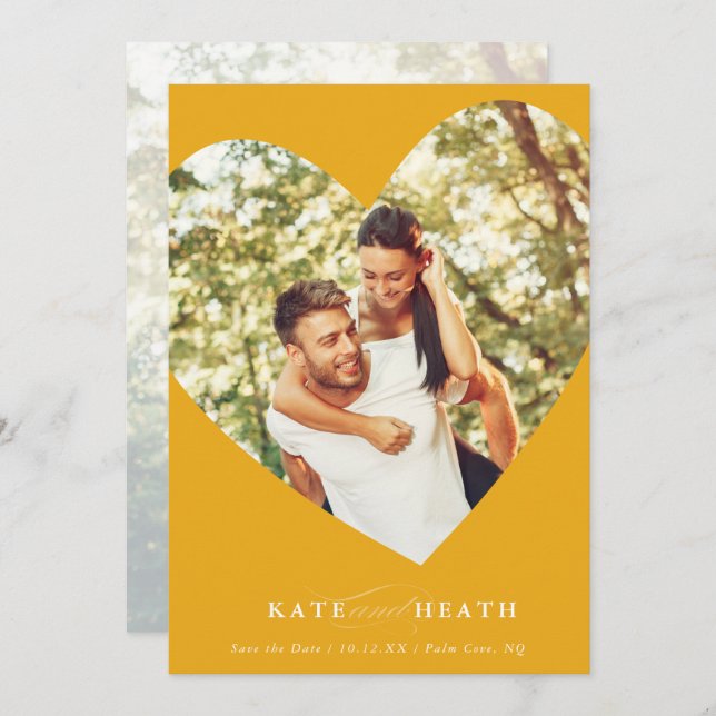 Invitation SAVE THE DATE photo moderne élégant coeur jaune (Devant / Derrière)