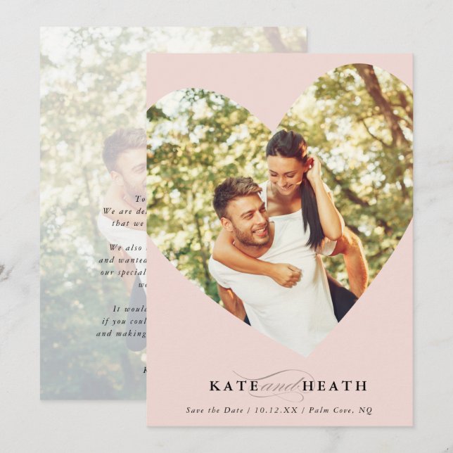 Invitation SAVE THE DATE photo moderne mignon coeur rose (Devant / Derrière)