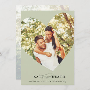 Invitation SAVE THE DATE photo moderne mignon coeur vert sage