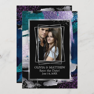 Invitation Save the date Photo Silver Turquoise Lilac Abstr