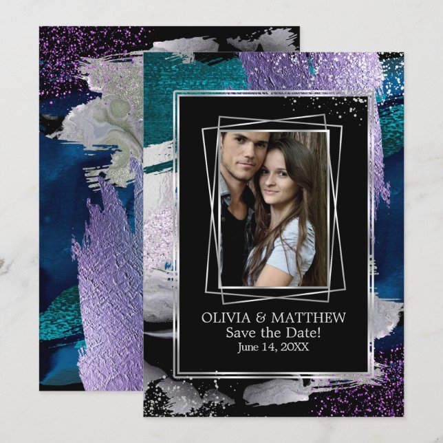 Invitation Save the date | Photo Silver Turquoise Lilac Abstr (Devant / Derrière)