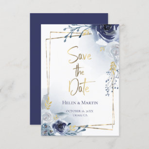 Invitation Save the date roses et cadre en faux or