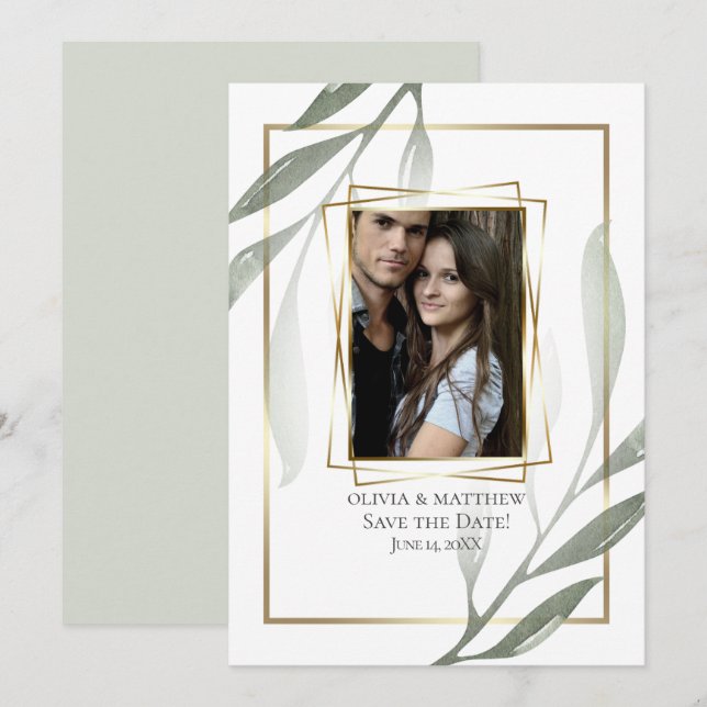 Invitation Save the date | Sage Vert Olive Branche Aquarelle (Devant / Derrière)