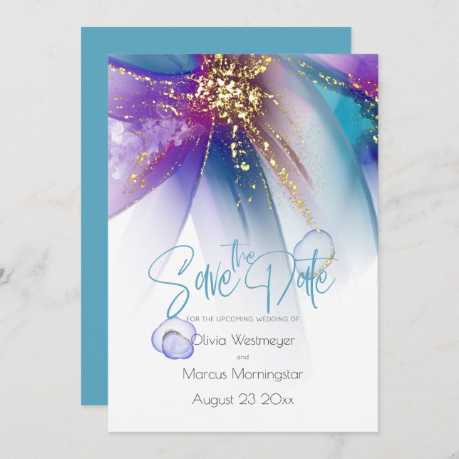 Invitation Save the date | Turquoise Abstrait violet Abstrait (Devant / Derrière)