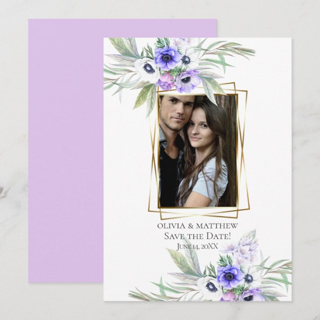 Invitation Save the date | Violet Anémonique Bouquets floraux (Devant / Derrière)