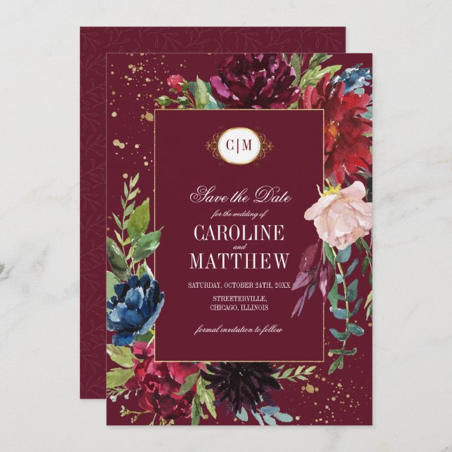 Invitation Save the date. Violet | Mariage floral bleu marine (Devant / Derrière)