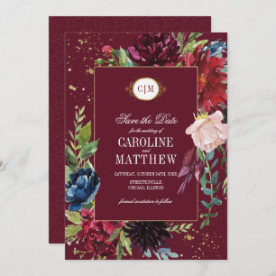 Invitation Save the date. Violet   Mariage floral bleu marine