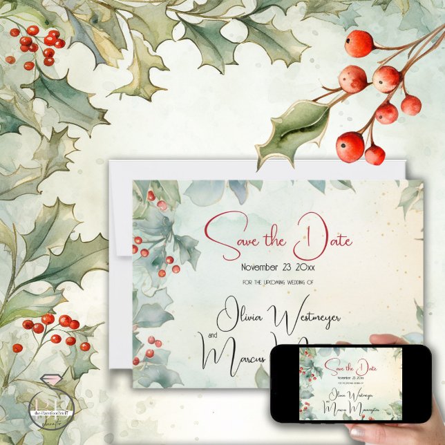 Invitation Save the date | Winter Holly et Berries (Créateur téléchargé)