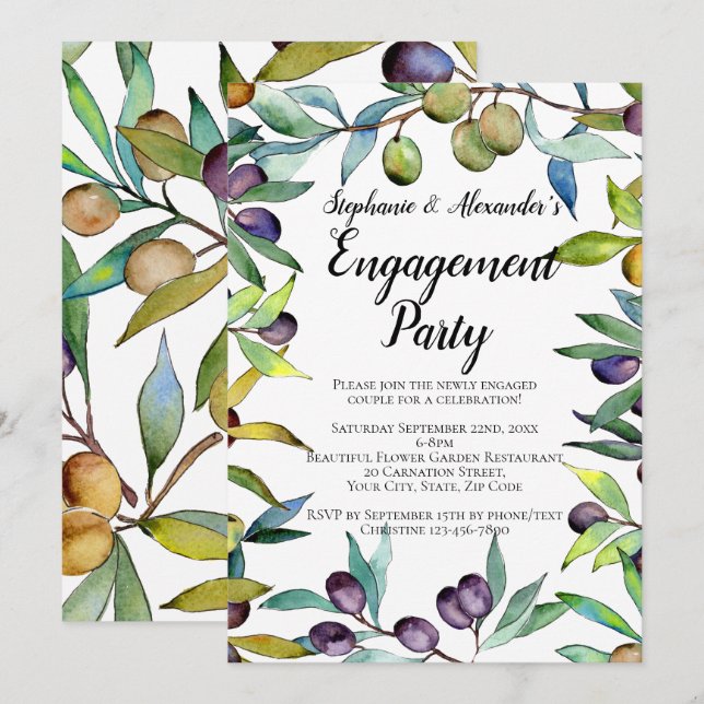 Invitation Savoureux Olives Toscane Aquarelle Partie d'engage (Devant / Derrière)