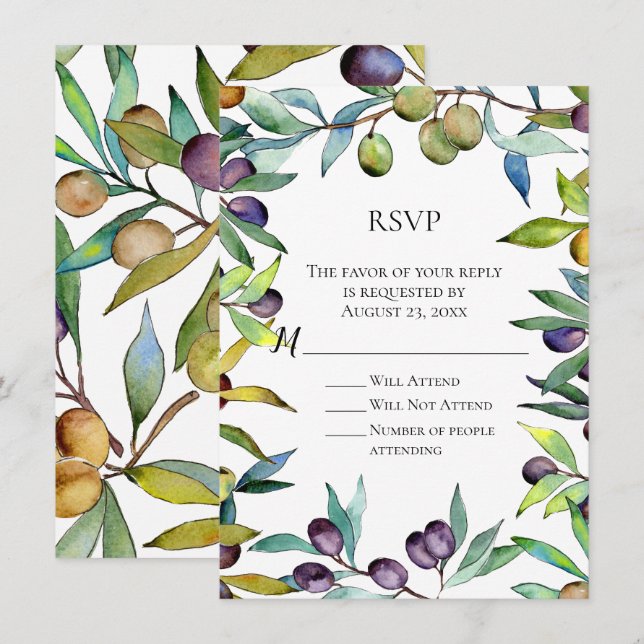 Invitation Savoureux Olives Toscane Aquarelle RSVP Réponse (Devant / Derrière)