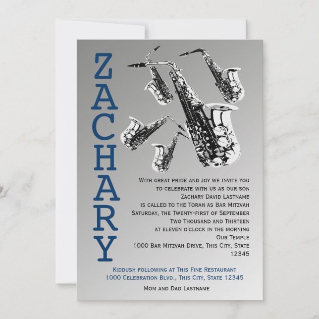 Invitation Saxophone Music Bar Mitzvah (Devant)