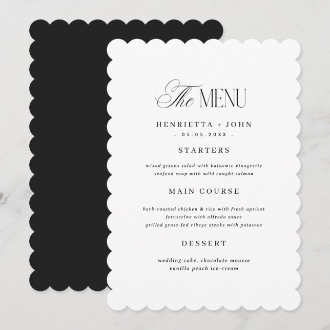 Invitation Scalloped Edge Black and White Wedding Menu Card (Devant / Derrière)