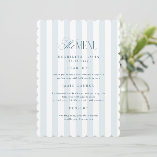 Invitation Scalloped Edge Timeless Blue Stripes Menu Card (Debout devant)