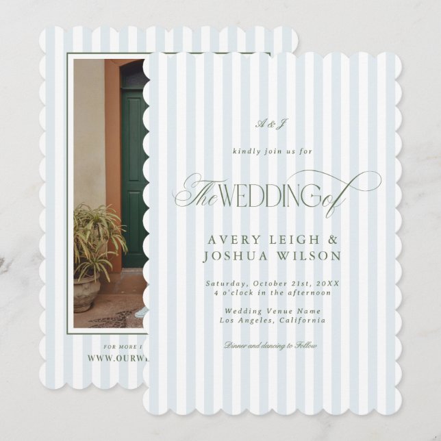Invitation Scalloped Sage Green & Blue Stripes Classy Wedding (Devant / Derrière)