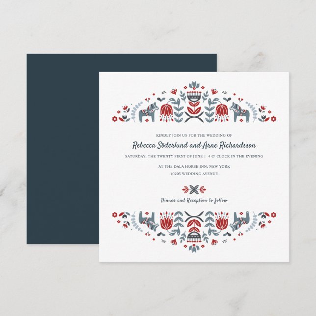 Invitation Scandinave folk Art Dala Horse Mariage (Devant / Derrière)