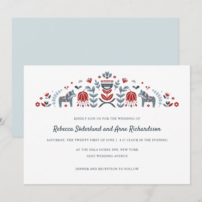 Invitation Scandinave folk Art Dala Horse Mariage (Devant / Derrière)