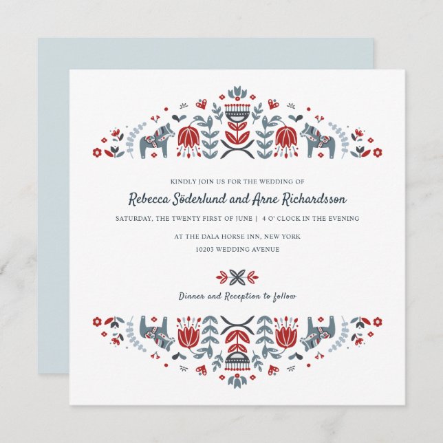 Invitation Scandinave folk Art Dala Horse Mariage (Devant / Derrière)