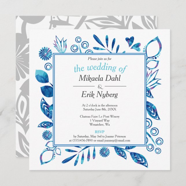 Invitation Scandinave Hiver Bleu Floral modèle Mariage (Devant / Derrière)